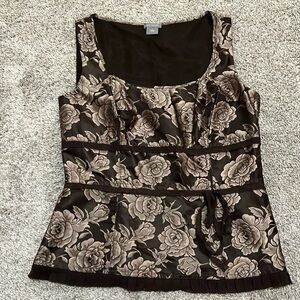 EUC ANN TAYLOR 100% Silk corset brown floral sleeveless top 6 S whimsigoth boho‎